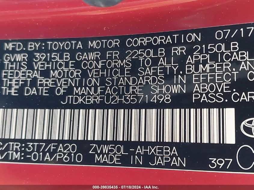 2017 Toyota Prius Two VIN: JTDKBRFU2H3571498 Lot: 39835435