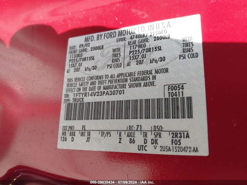 2003 Ford Ranger Edge/Tremor/Xl/Xlt VIN: 1FTYR14V23PA30701 Lot: 39835434