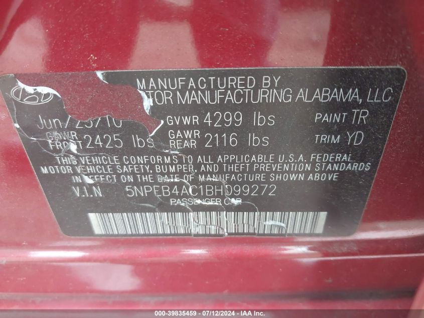 5NPEB4ACLBH099272 2011 Hyundai Sonata Gls