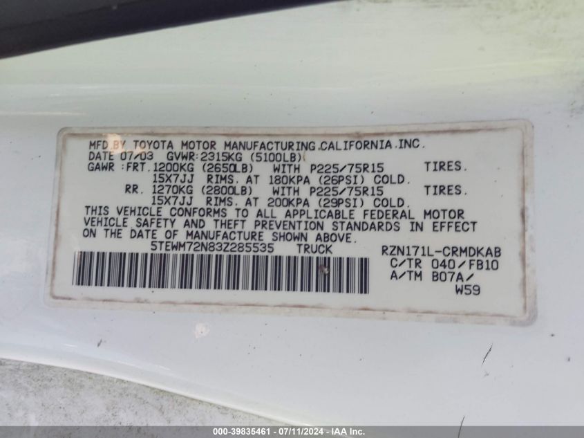 2003 Toyota Tacoma VIN: 5TEWM72N83Z285535 Lot: 39835461