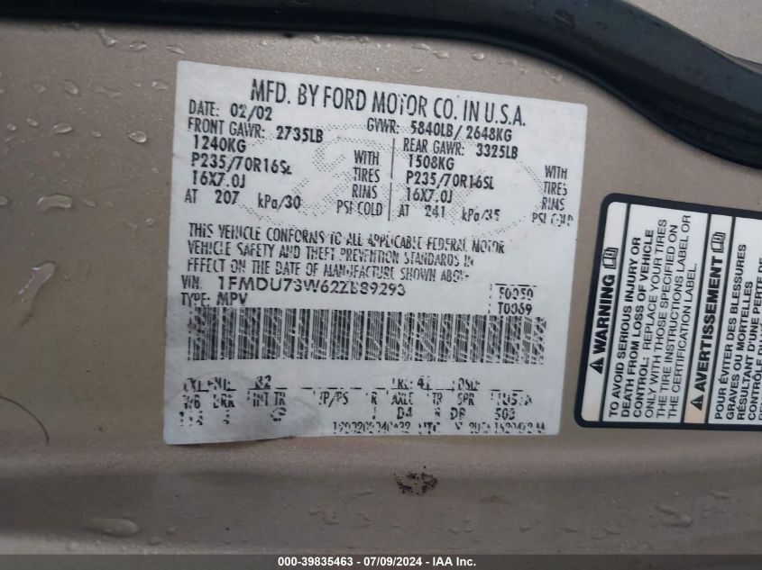 2002 Ford Explorer Xlt VIN: 1FMDU73W62ZB89293 Lot: 39835463