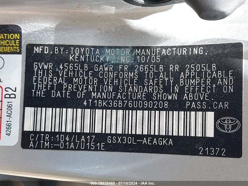 2006 Toyota Avalon Xl/Xls/Touring/Limited VIN: 4T1BK36B76U090208 Lot: 39835468