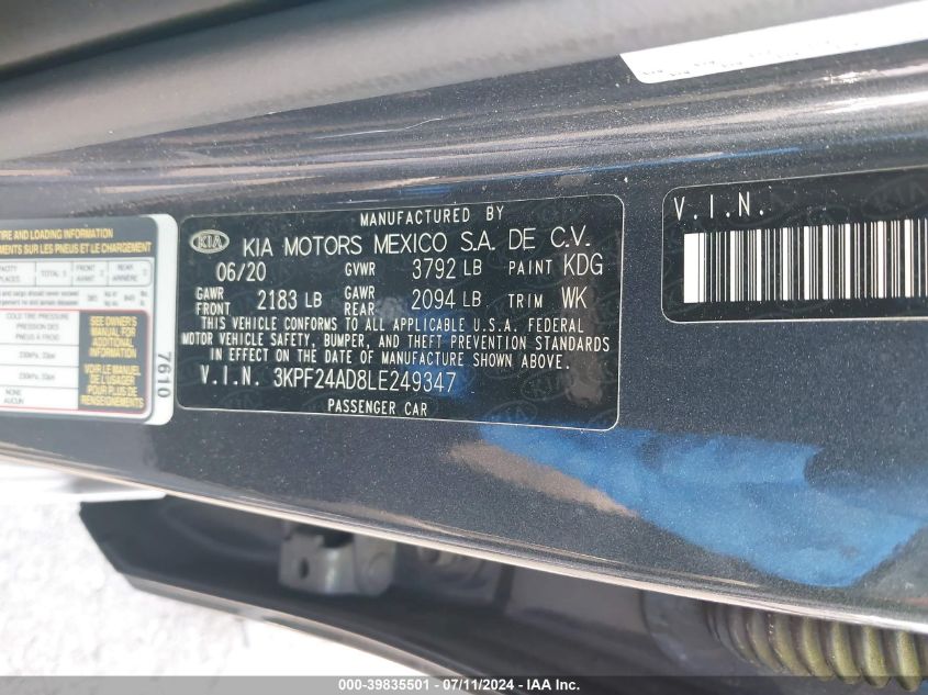 2020 Kia Forte Lxs VIN: 3KPF24AD8LE249347 Lot: 39835501