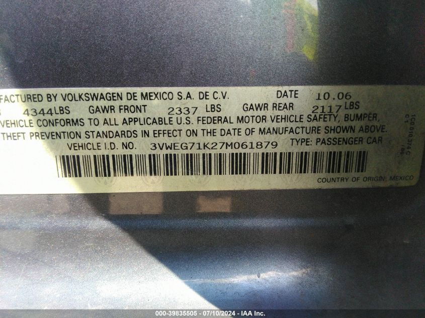 2007 Volkswagen Jetta Wolfsburg Edition VIN: 3VWEG71K27M061879 Lot: 39835505
