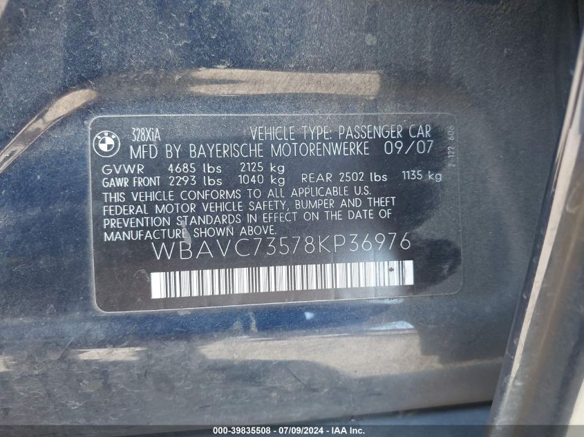 2008 BMW 328Xi VIN: WBAVC73578KP36976 Lot: 39835508