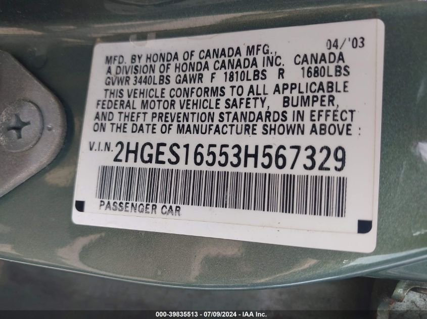 2003 Honda Civic Lx VIN: 2HGES16553H567329 Lot: 39835513