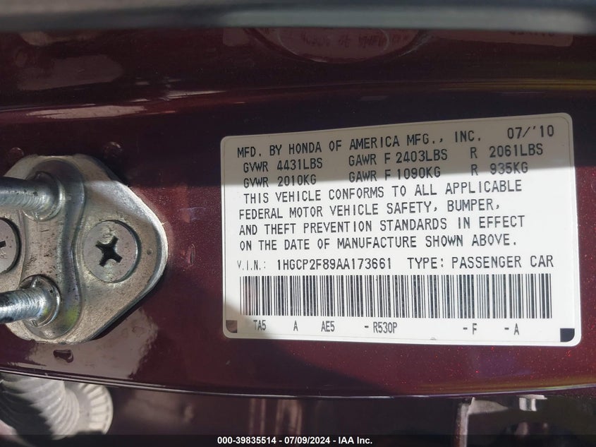 2010 Honda Accord 2.4 Ex-L VIN: 1HGCP2F89AA173661 Lot: 39835514