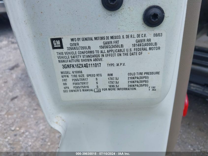 2004 Chevrolet Suburban 1500 Z71 VIN: 3GNFK16ZX4G111017 Lot: 39835515