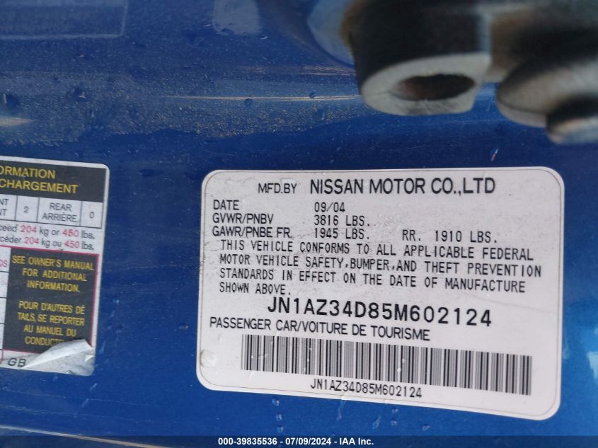 2005 Nissan 350Z Enthusiast VIN: JN1AZ34D85M602124 Lot: 39835536
