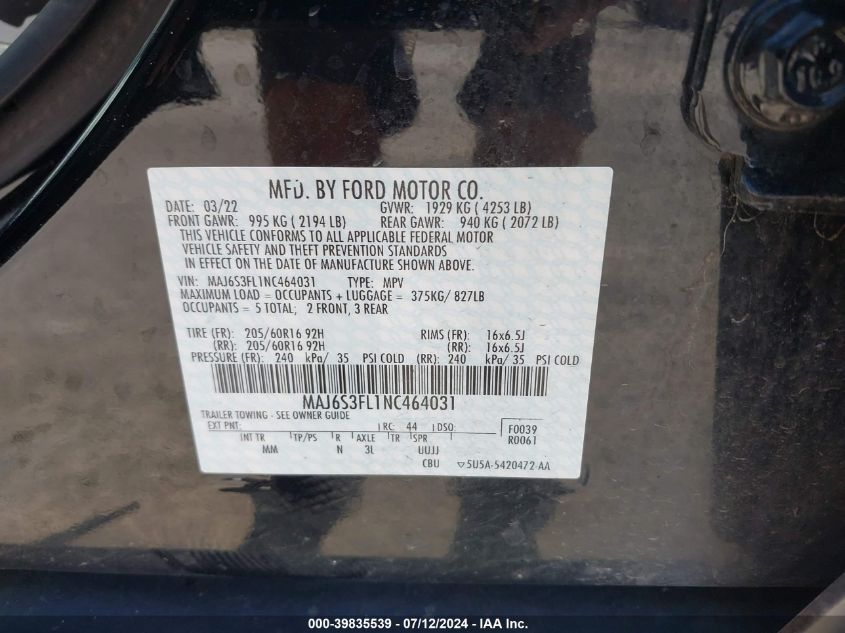 2022 Ford Ecosport S VIN: MAJ6S3FL1NC464031 Lot: 39835539