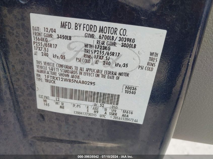 2005 Ford F-150 Stx/Xl/Xlt VIN: 1FTRX12W85NA80295 Lot: 39835542