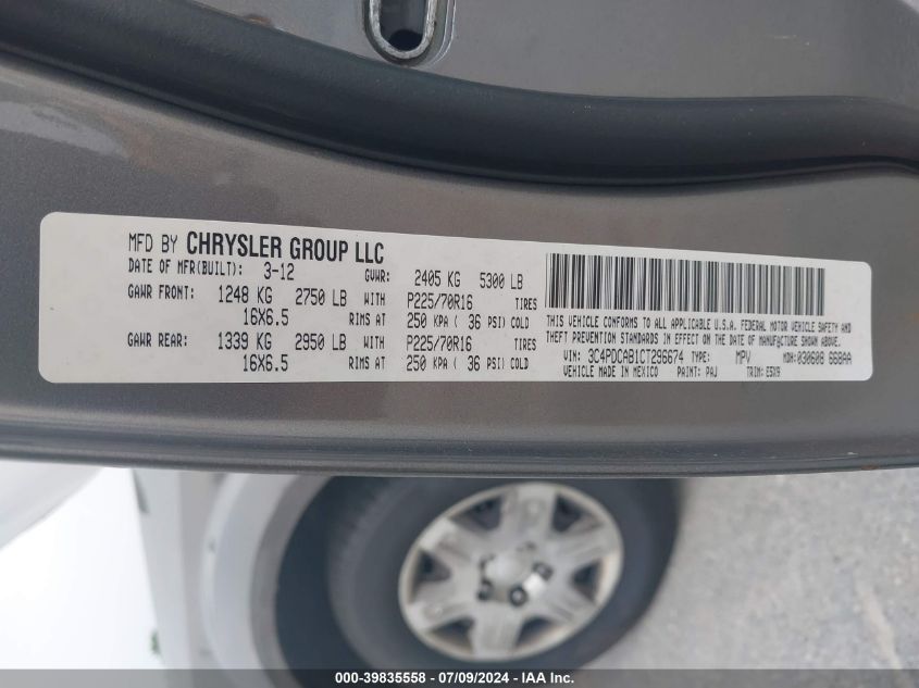 2012 Dodge Journey Se/Avp VIN: 3C4PDCAB1CT296674 Lot: 39835558