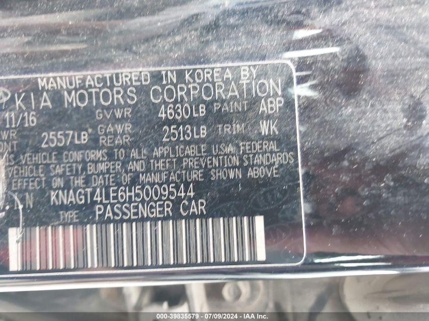 2017 Kia Optima Hybrid VIN: KNAGT4LE6H5009544 Lot: 39835579