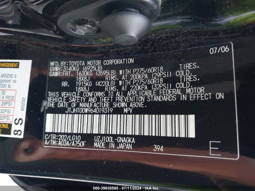 2006 Lexus Lx 470 VIN: JTJHT00W964019319 Lot: 39835585