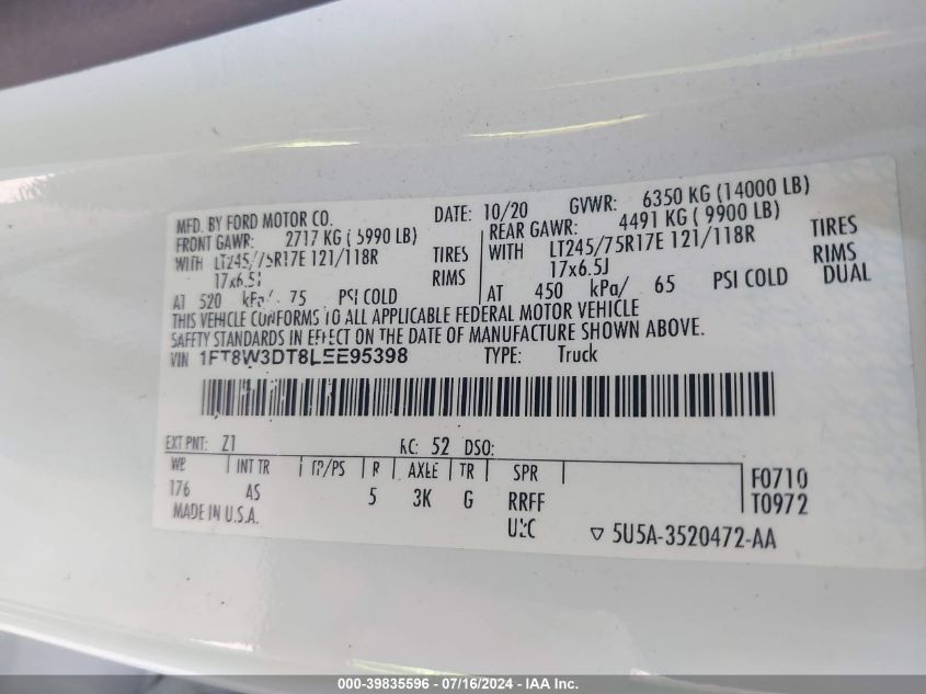 2020 Ford F-350 Xl VIN: 1FT8W3DT8LEE95398 Lot: 39835596