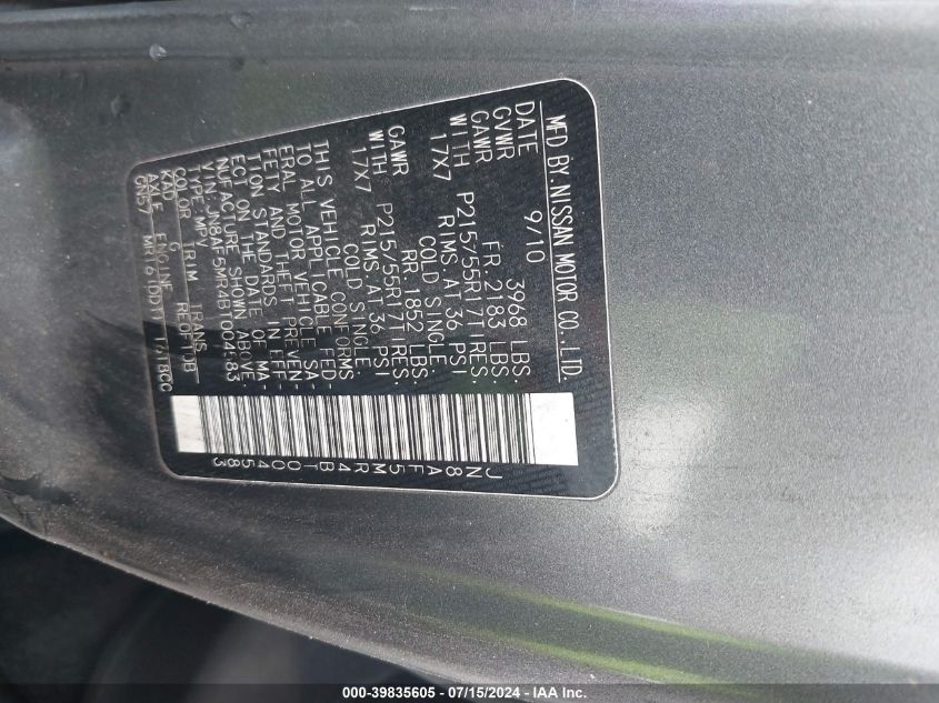 2011 Nissan Juke Sv VIN: JN8AF5MR4BT004583 Lot: 39835605