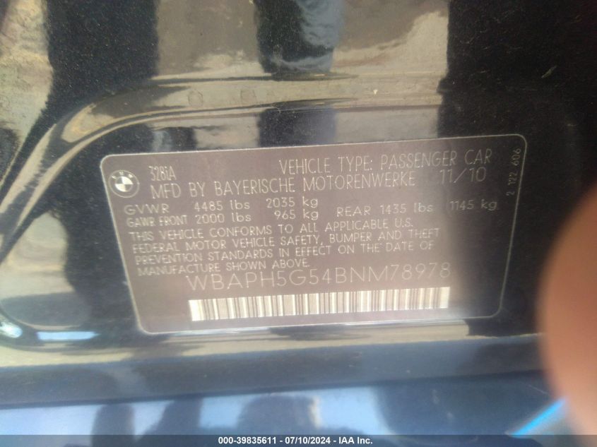 2011 BMW 328I VIN: WBAPH5G54BNM78978 Lot: 39835611