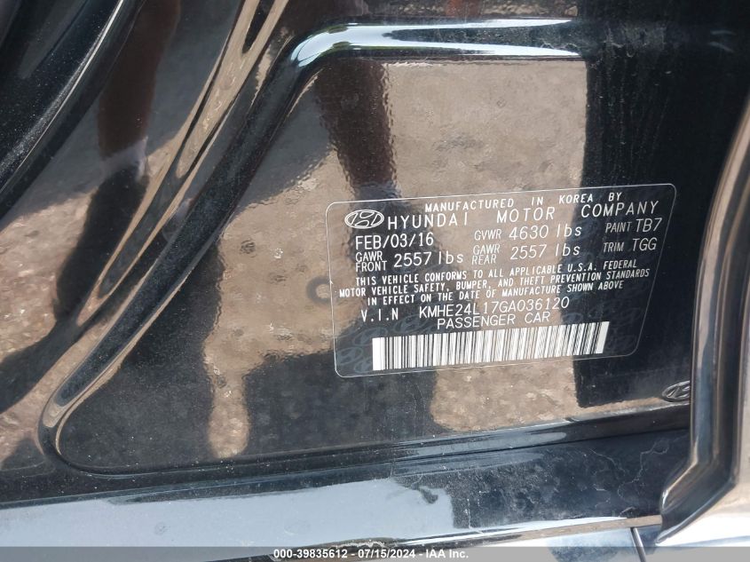 2016 Hyundai Sonata Hybrid Se VIN: KMHE24L17GA036120 Lot: 39835612