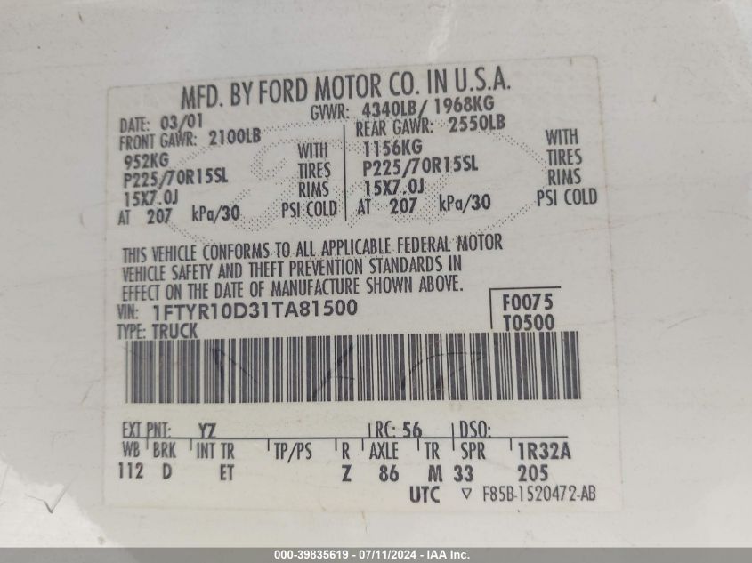 2001 Ford Ranger Xl/Xlt VIN: 1FTYR10D31TA81500 Lot: 39835619