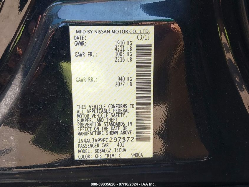 1N4AL3AP9FC297372 2015 Nissan Altima 2.5/S/Sv/Sl