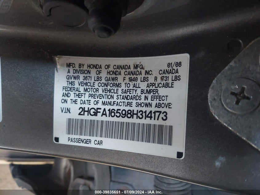 2008 Honda Civic Lx VIN: 2HGFA16598H314173 Lot: 39835651