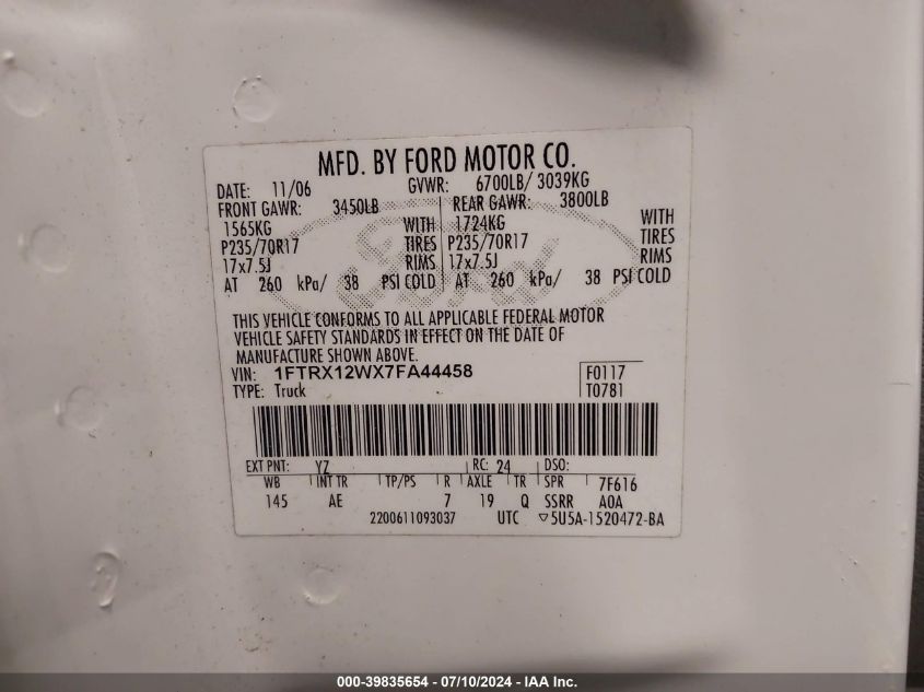 2007 Ford F-150 Stx/Xl/Xlt VIN: 1FTRX12WX7FA44458 Lot: 39835654