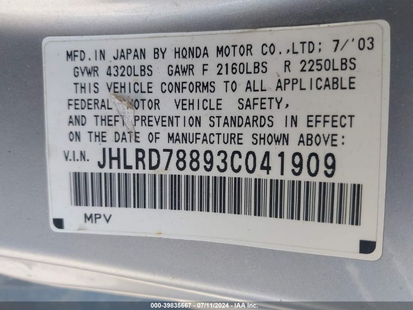 2003 Honda Cr-V Ex VIN: JHLRD78893C041909 Lot: 39835667