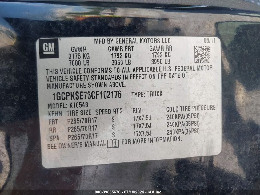 2012 Chevrolet Silverado 1500 Lt VIN: 1GCPKSE73CF102176 Lot: 39835670