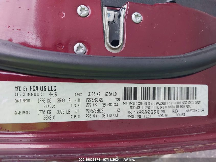 2016 Ram 1500 Big Horn VIN: 1C6RR7GT0GS329731 Lot: 39835674