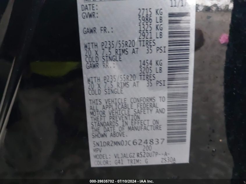 2018 Nissan Pathfinder S/Sv/Sl/Platinum VIN: 5N1DR2MN0JC624837 Lot: 39835702