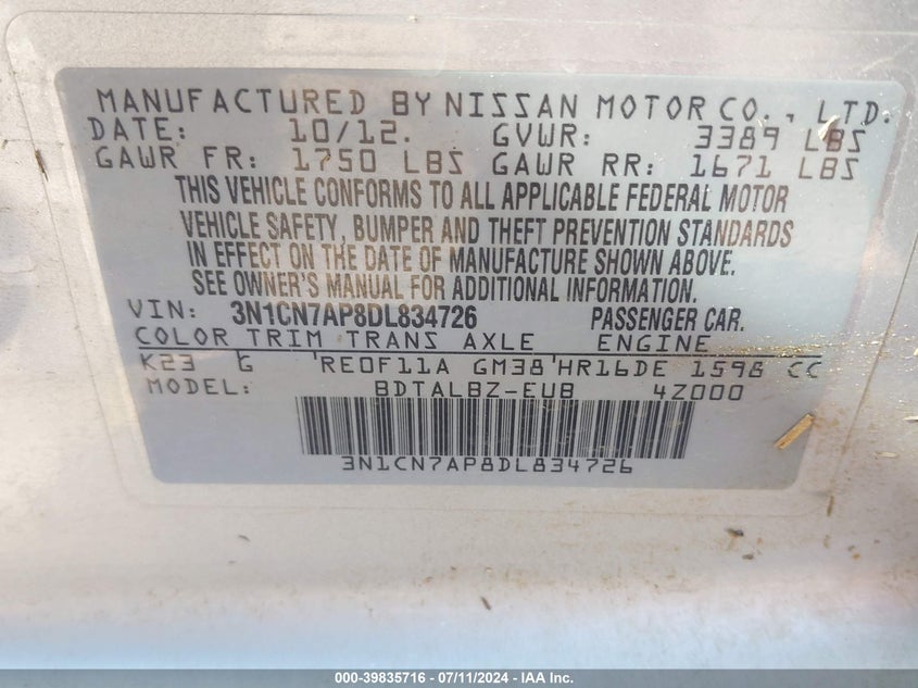 2013 Nissan Versa 1.6 Sv VIN: 3N1CN7AP8DL834726 Lot: 39835716