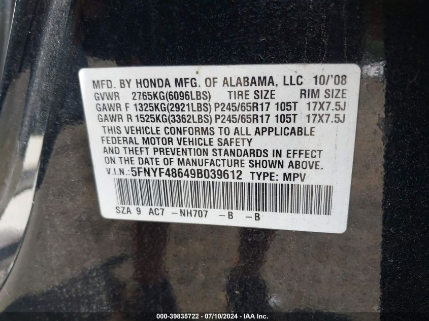 2009 Honda Pilot Ex-L VIN: 5FNYF48649B039612 Lot: 39835722