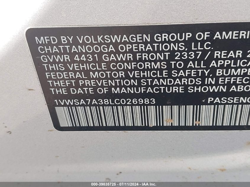 2020 Volkswagen Passat 2.0T Se VIN: 1VWSA7A38LC026983 Lot: 39835725