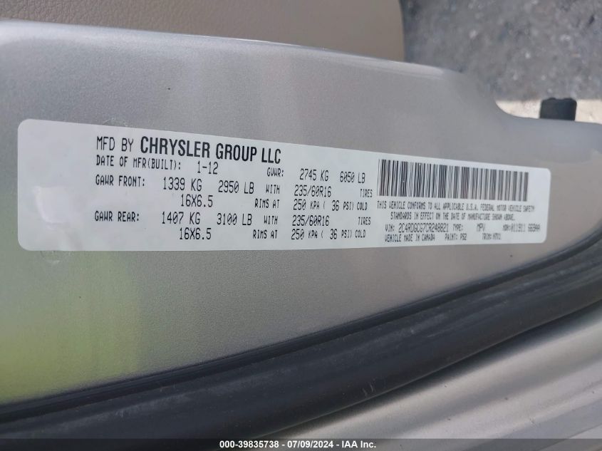 2012 Dodge Grand Caravan Sxt VIN: 2C4RDGCG7CR248821 Lot: 39835738