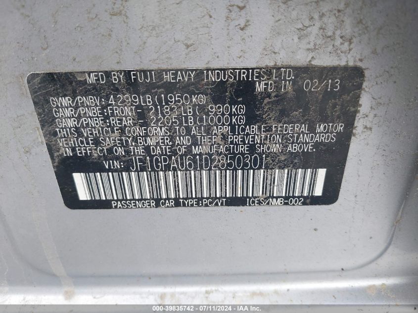 2013 Subaru Impreza 2.0I Sport Limited VIN: JF1GPAU61D2850301 Lot: 39835742