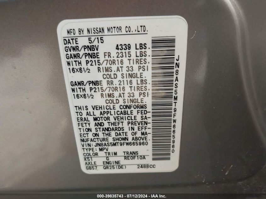 2015 Nissan Rogue Select S VIN: JN8AS5MT9FW665960 Lot: 39835743