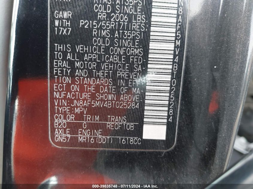 2011 Nissan Juke S VIN: JN8AF5MV4BT025284 Lot: 39835748