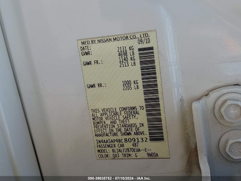 2011 Nissan Maxima 3.5 Sv VIN: 1N4AA5AP4BC809132 Lot: 39835752