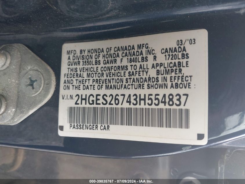 2003 Honda Civic Ex VIN: 2HGES26743H554837 Lot: 39835767