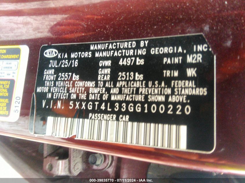 2016 Kia Optima Lx VIN: 5XXGT4L33GG100220 Lot: 39835770