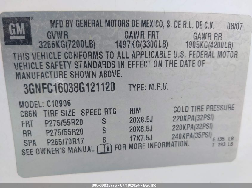 2008 Chevrolet Suburban 1500 Ltz VIN: 3GNFC16038G121120 Lot: 39835776