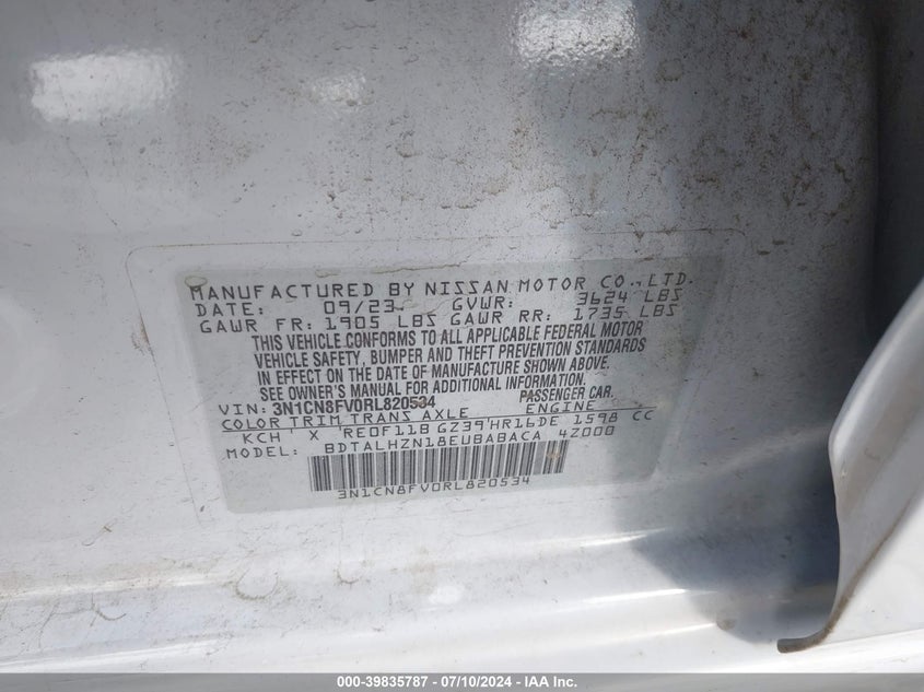 2024 Nissan Versa Sr VIN: 3N1CN8FV0RL820534 Lot: 39835787