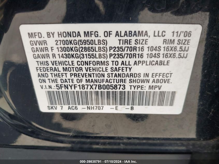 2007 Honda Pilot Ex-L VIN: 5FNYF187X7B005873 Lot: 39835791