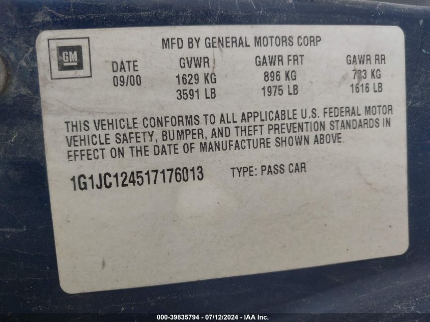 2001 Chevrolet Cavalier VIN: 1G1JC124517176013 Lot: 39835794