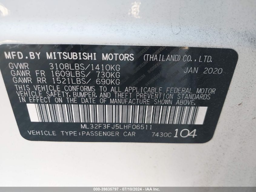 ML32F3FJ5LHF06511 2020 Mitsubishi Mirage G4 Es