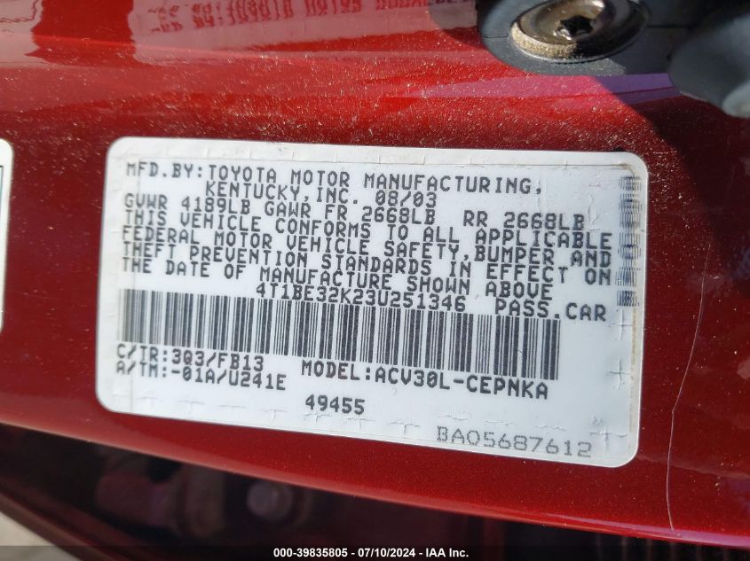 2003 Toyota Camry Le VIN: 4T1BE32K23U251346 Lot: 39835805