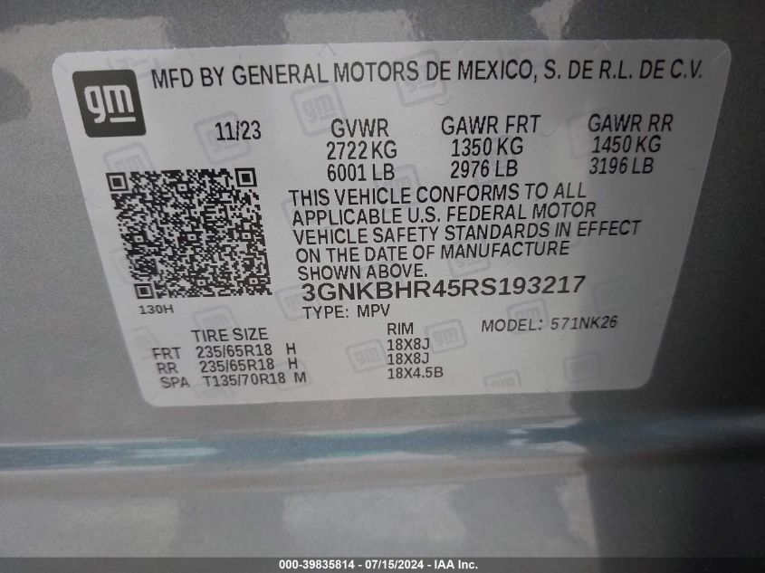 2024 Chevrolet Blazer Awd 2Lt VIN: 3GNKBHR45RS193217 Lot: 39835814