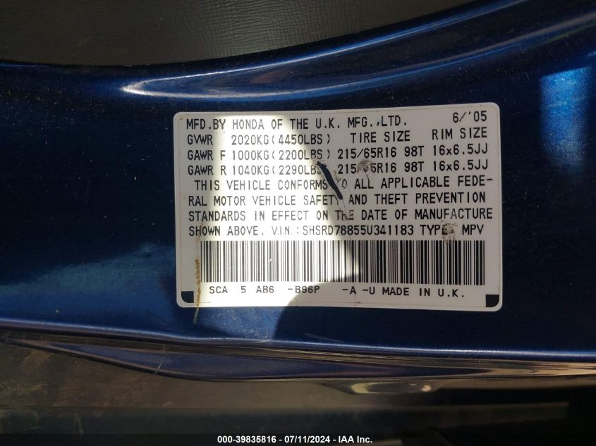 2005 Honda Cr-V Ex VIN: SHSRD78855U341183 Lot: 39835816