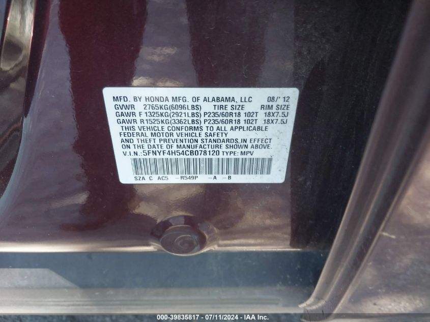 2012 Honda Pilot Ex-L VIN: 5FNYF4H54CB078120 Lot: 39835817