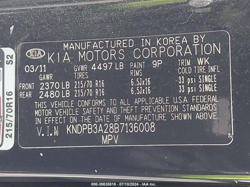 2011 Kia Sportage Lx VIN: KNDPB3A28B7136008 Lot: 39835818